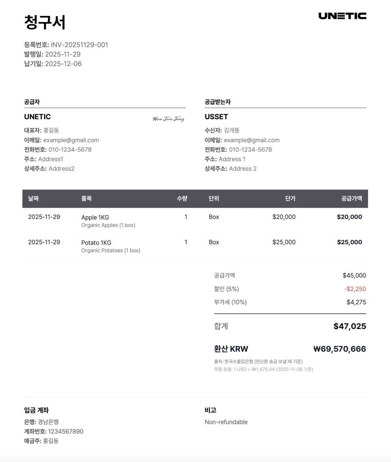 전문적인 인보이스 레이아웃